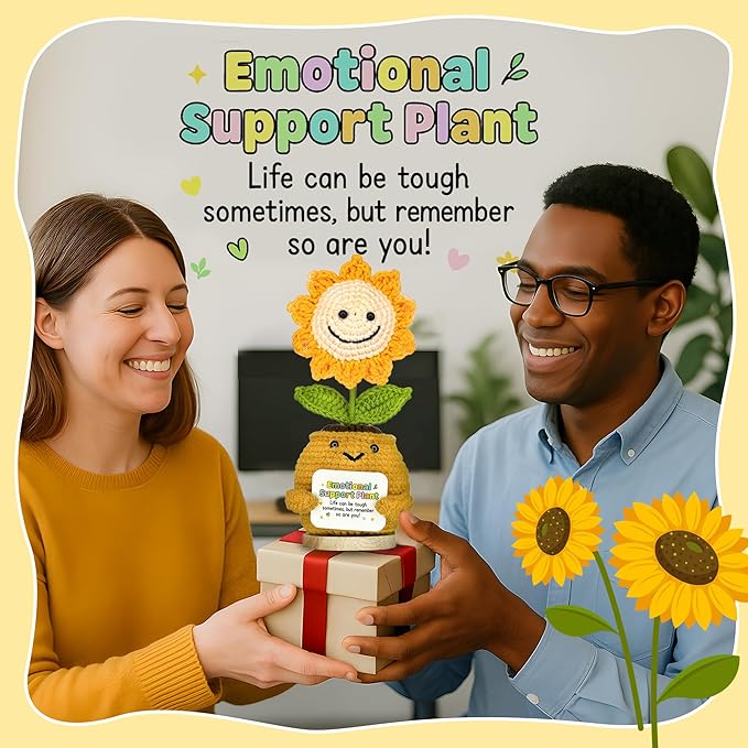 TUHNG & HYOO Emotional Support Crochet Positive Sunflower Plant Appreciation Messages Gifts, Positive Emotional Handmade Crochet Plant Decor Stuff Gifts for Women Men Friends
