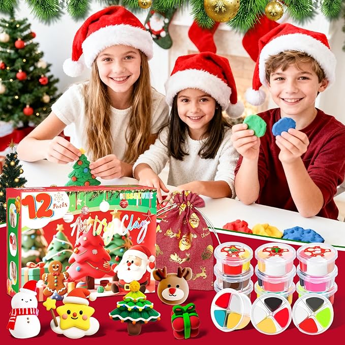 Air Dry Clay - 12 Boxes Christmas Modeling Clay Kit with 8 Sculpting Tools,Safe & Non-Toxic,DIY Magic Gifts Toys for Boys,Girls,Kids