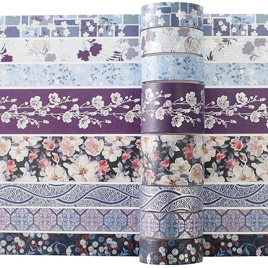 YUBX Elegance Blue Washi Tape Set 8 Rolls Wide Silver Embellishment Decorative Masking Tapes for Arts, DIY Crafts, Journals, Planners, Scrapbook, Wrapping