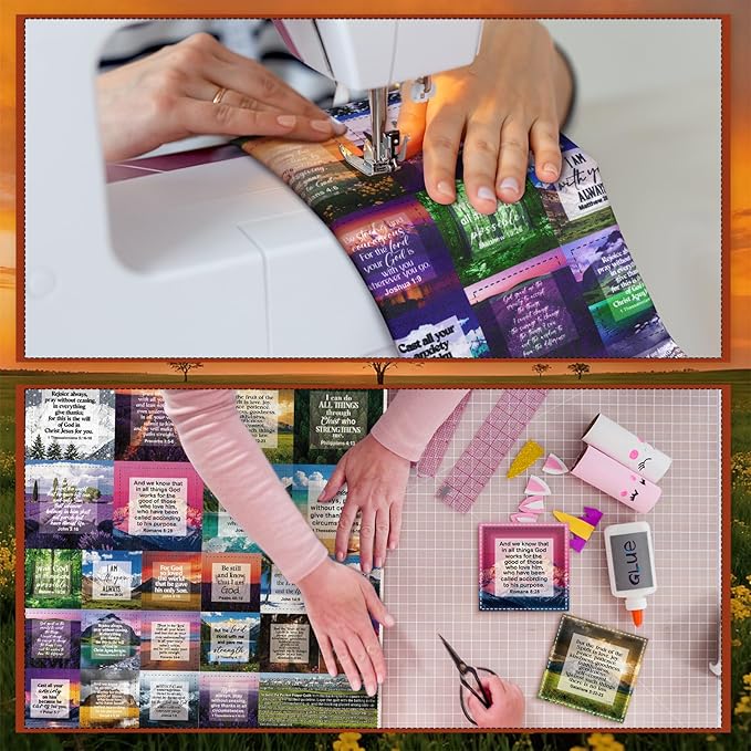 Pocket Prayer Quilt Panel Squares with Small Wooden Crosses Mini Scripture Pocket Prayer Quilt for Friend Family Religious Spiritual Gift Easter Reward Gift(Scenery,Brown)