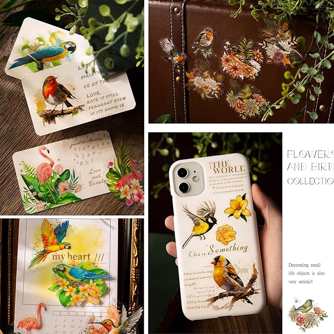 180 Pcs Transparent Flower Bird Stickers – Watercolor Floral Scrapbooking Supplies with Hummingbirds, Flamingos, Parrots – Clear Nature Stickers for Journals & Resin Art Crafts