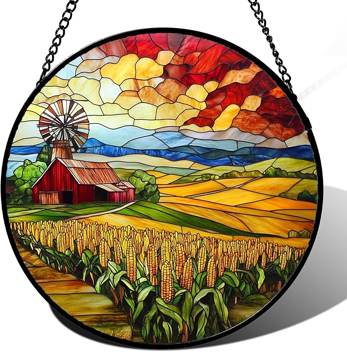 Stained Glass Window Hanging Autumn Farm Corn Harvest Landscape Large 15" - Suncatcher Garden Door Sun Catcher Home Decor Birthday Christmas for Woman Mom Friend Men Nana