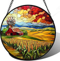 Stained Glass Window Hanging Autumn Farm Corn Harvest Landscape Large 11.8" - Suncatcher Garden Door Sun Catcher Home Decor Birthday Christmas for Woman Mom Friend Men Nana