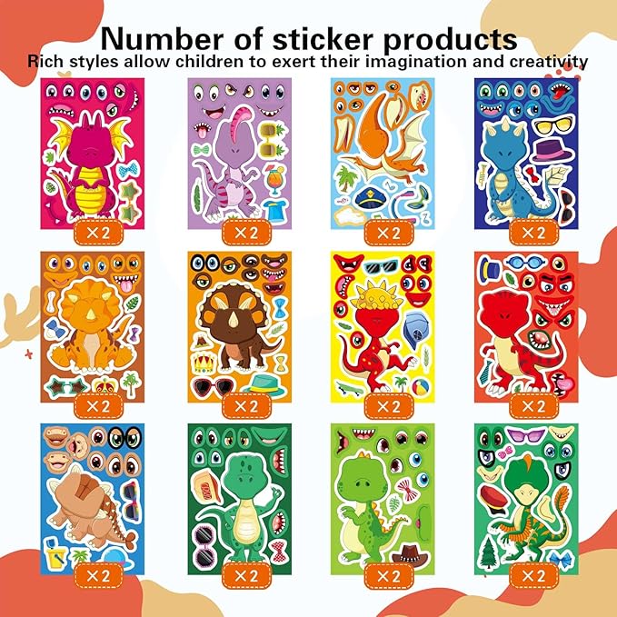 24 PCS Dinosaur Sticker for Kids, Make Your Own Dinosaur Sticker Sheets 12 Design Boy Girl Toddlers Stickers, Dinosaur Party Favors Supplies Art Craft, Birthday Gift, Teacher Classroom Reward