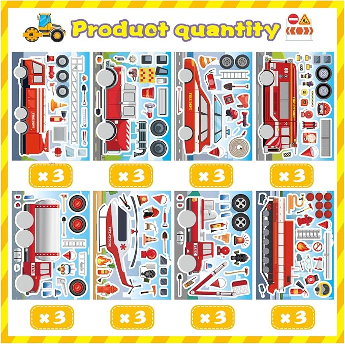 24 Sheets Truck Stickers for Kids, Make a face Sticker, Make Your Own Fire Truck Stickers with 8 Designs Fire Themed Truck for Kindergarten Birthday Gift Classroom Fire Party Favors