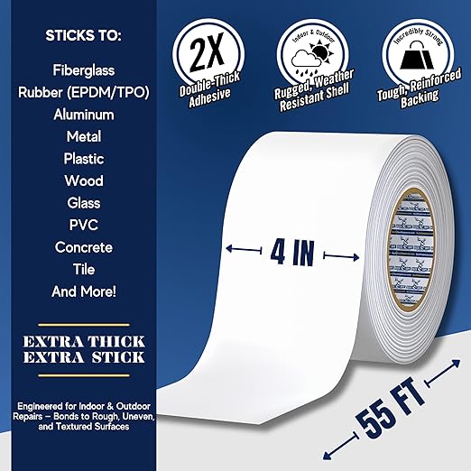 4 Pack Buck RV Roof Sealant Tape – 4 Inch x 55ft, 40 Mil – Waterproof RV Tape for Roof Repair, Seams, Skylights, Vents & Window Leaks on Camper, Trailer & Boat, UV Resistant & Weatherproof, White
