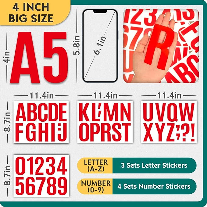 Seloom 13 Sheets Alphabet Stickers,4 Inch Large Vinyl Letter Number Stickers Self Adhesive,Waterproof Numbers Alphabet Letters Labels for DIY Crafts,Mailbox,Notebook,Door,Water Bottles,Car(Red)