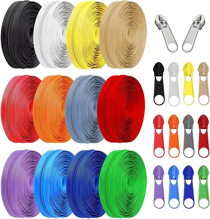 36 Yards 12Pieces #5 Zippers by The Yard for Sewing Assorted Lengths Nylon Coil Zippers with 96 Pcs Colorful and Silver Sliders for Mixed Supplies for Tailor Bag Clothing Pillow DIY Craft (12Colors