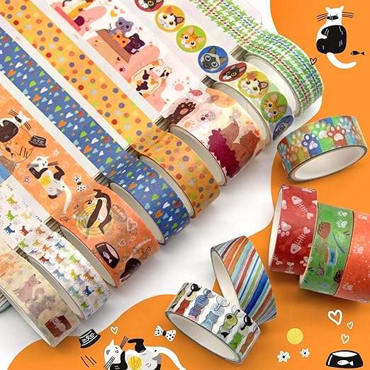Cute Washi Tape Set - 14 Rolls Kawaii Animals Decorative Masking Tape,Adhesive Tape for Bullet Journal,DIY Craft,Scrapbooking Supplies,Gift Wrapping,Party Decoration