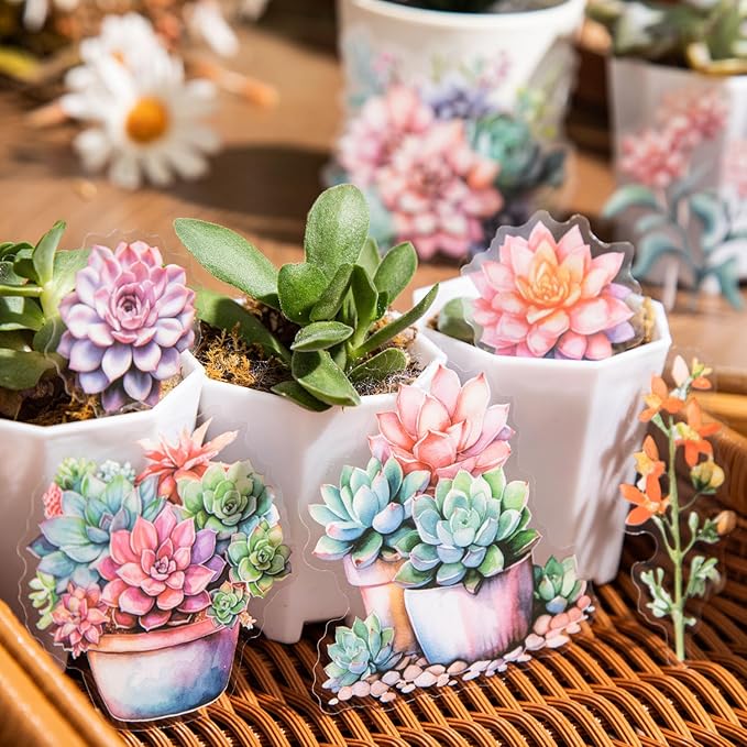 120Pcs Colorful Succulent PET Stickers, Vibrant Multicolor Botanical Designs for Journaling, Scrapbooking, DIY Crafts, and Creative Projects