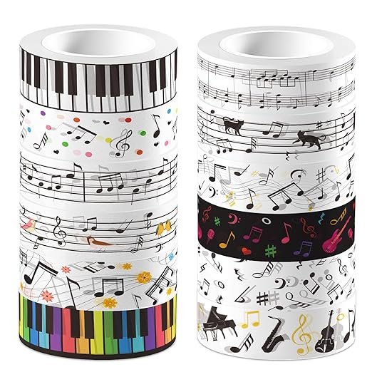 Music Washi Tape Set 12 Rolls,Musical Note Washi Tape Notes Guitar Piano Keys Washi Tape Decorative Paper Stickers Decorative Tape for Craft,Scrapbook,DIY,Gift Wrapping,Party Decor