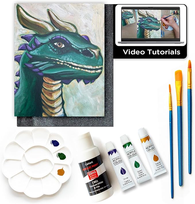 Painting4Real DIY Art Painting Kit for Adults – Learn to Paint Green Dragon with Video Tutorials – 9 Pieces Acrylic Paint Set for Adults –Perfect Christmas Crafts & Holiday Gifts for Art Lovers