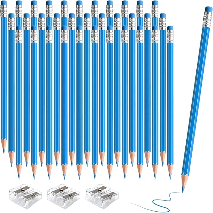 36 PCS Lightblue Erasable Colored Pencils with Eraser Pre Sharpened Pencil 2 HB - Ideal for Checking, Grading, Tests & Office/School Supplies (Lightblue)