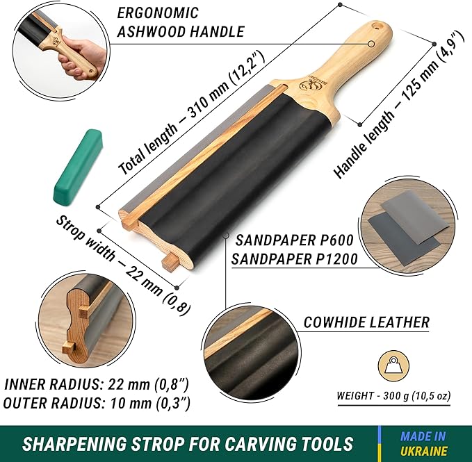 BeaverCraft LS5P1 Wood Carving Strop Wood Carving Gouge Hook Knife Sharpening Honing Tools Strop Stropping Kit Leather Paddle Strop Spoon Carving Tools Sharpening Kit Sharpener with Polishing Compound