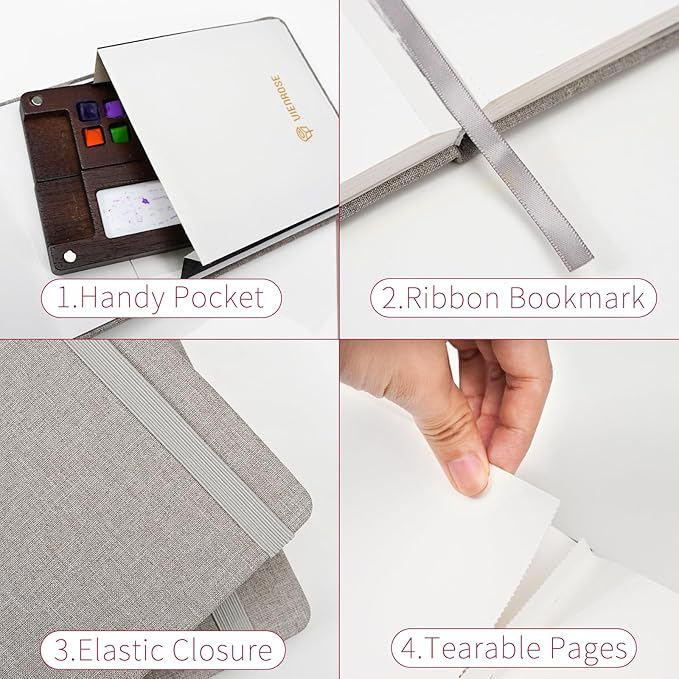 Vienrose 2 Pack Watercolor Sketchbook, 5.5"x3.5" Watercolor Journal with 24 Sheets 140 LB (300 GSM) 100% Cotton Watercolor Paper, Grey Linen Cover Water Coloring Sketch Book