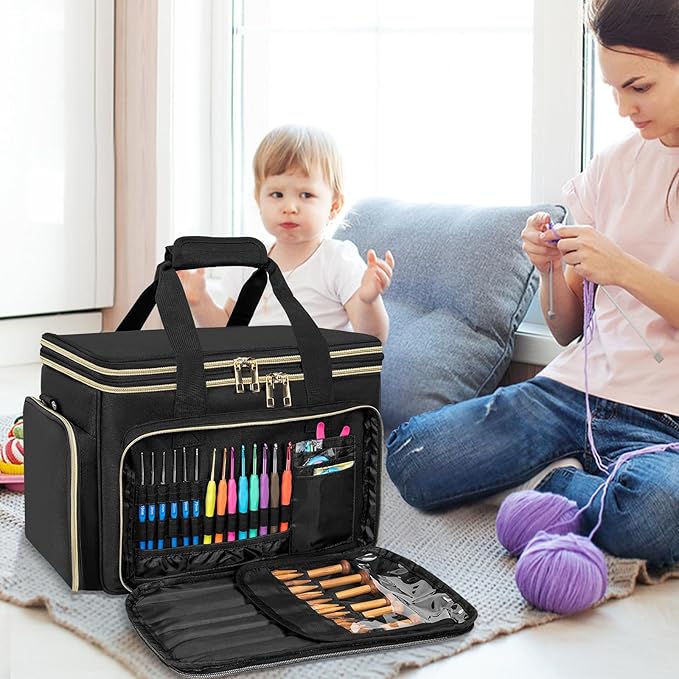 Knitting Bag Yarn Storage Tote, Large Crochet Organizer Bag, Yarn Holder Case for Knitting Needles, Knitting Project Bag with Inner Divider for Knitting Accessories, Crochet Hooks, Black