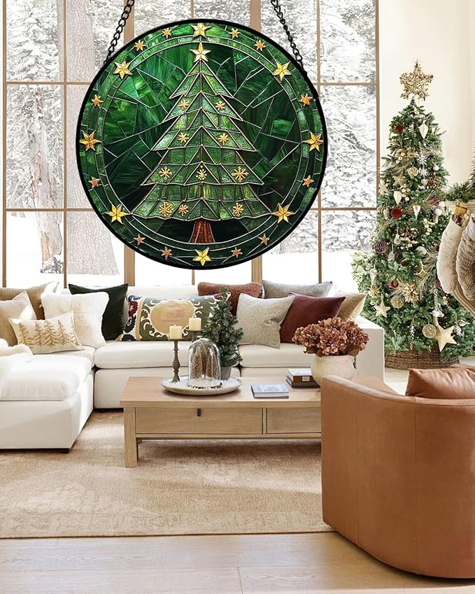 Stained Glass Window Hanging - Green Christmas Tree with Golden Stars Suncatcher for Doors Home Christmas Decoration Sun Catcher Thanksgiving New Year Birthday Gifts for Women Men Mom Nana 15 in