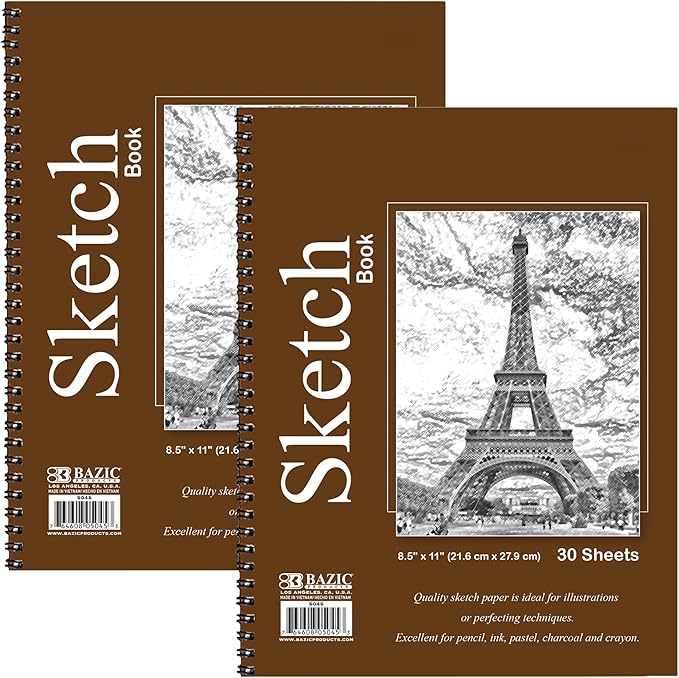BAZIC Products Sketch Book 30 Ct. 8.5" X 11", Spiral Side Bound Sketchbook Drawing Pads, Sketching Paper Coloring Book for Artist School, 2-Pack