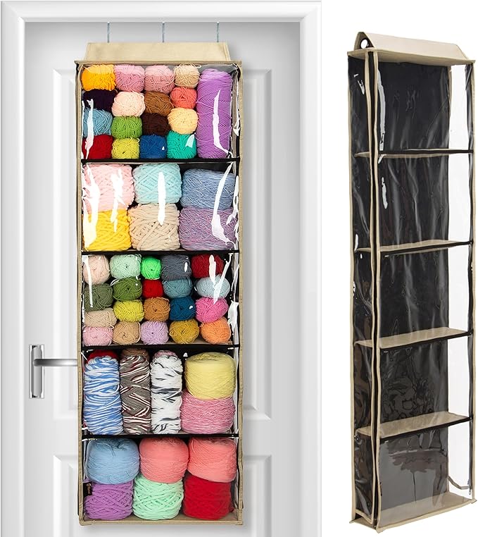 PACMAXI Hanging Yarn Storage Knitting Organizer Storage with 5 Compartments, Clear Wall Display Bulk Yarn Organizer for Knitting Needles, Crochet Hooks(Large Size) (linen)