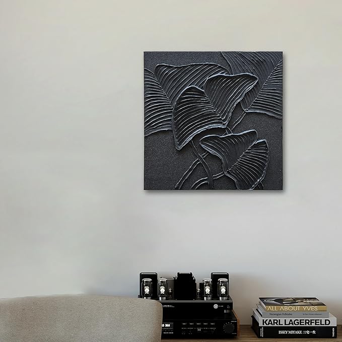 NANKAI Art Hand-Painted Black Leaf Texture Abstract Art Contemporary Minimalist Canvas Oil Painting, Home Living Room Corridor Wall Decoration Art, 24x24 inches