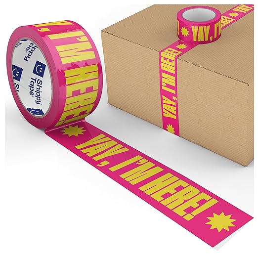 Cool Decorative Packing Tape for Small Business, Cute Designer Printed Packaging and Shipping Tape, Yay I'm Here!, Neon Pink Yellow, 1.88" x 110 Yards (330 feet)