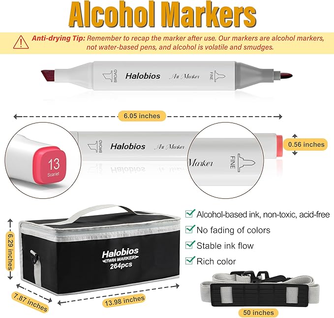 264 Alcohol Markers, Dual Tip Fine & Broad Drawing Markers Alcohol Marker Set with Case, Art Marker for Adults Coloring Artists Drawing Sketching Card Making and Illustration