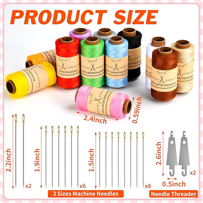 BYMORE 30 Pcs Sewing Thread Kit, 12 Colors 400 Yards per Polyester Thread Spools with Needles and Threaders for Hand & Machine Sewing, Emergency and Travel, DIY and Home