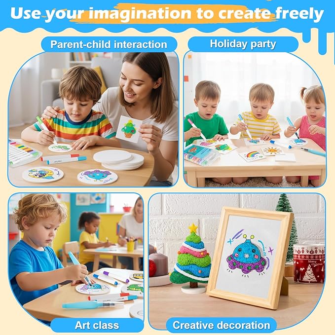 80 Pcs Magic 3D Foam Texture Painting Kit, Magic Puffy Paint Kit, Including 48 Pcs Foam Texture Paper, 24 Colors Acrylic Marker Pen, 4 Drawing Templates, 2 Water Brushes, Art Painting Kits (Blue)
