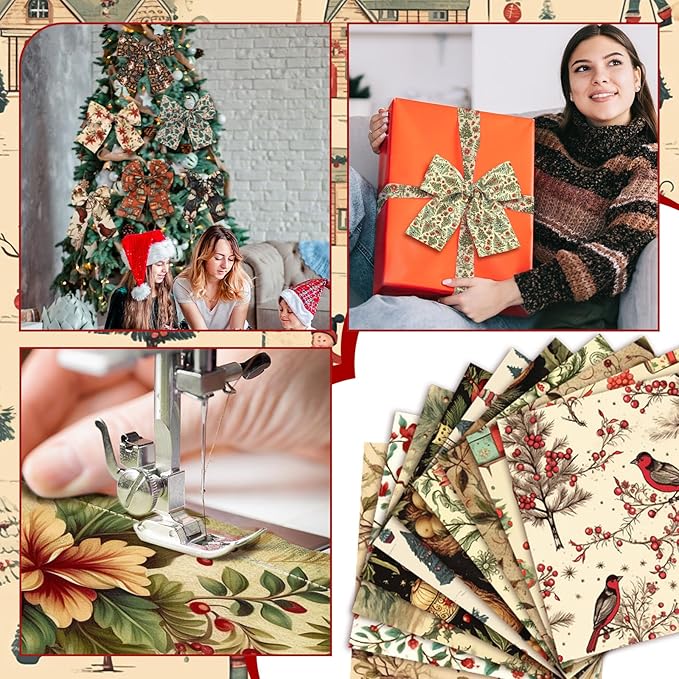 Fanfanwin 100 Pcs 5 x 5 Inch Vintage Christmas Quilting Fabric Christmas Fat Squares Patchwork Strips Santa Red Cardinal Precut Fabric Bundles for Xmas Handmade Crafting DIY Craft Sewing Material