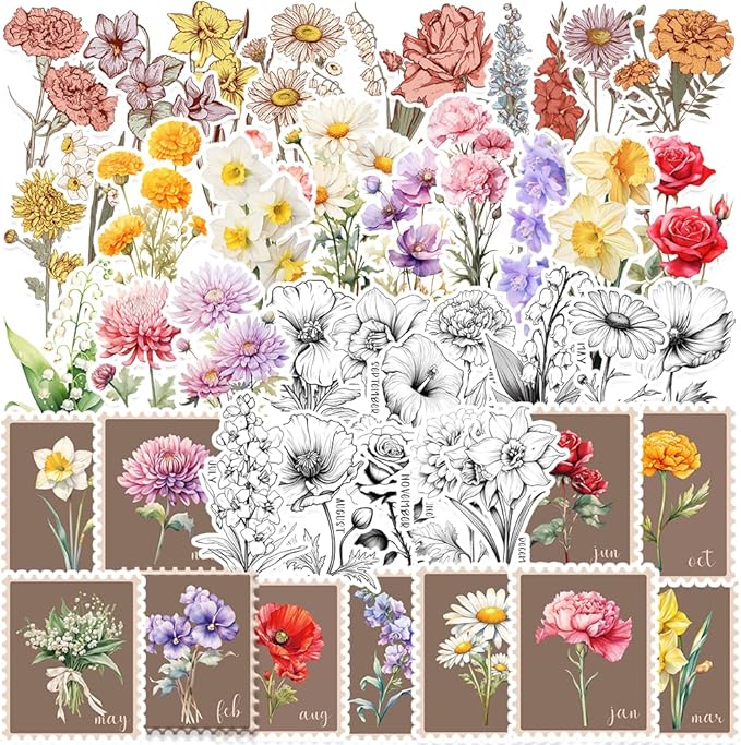 50PCS Birth Flower Stickers - Birth Month Flowers, Vinyl Waterproof Stickers for Water Bottle, Laptop - Birthday & Christmas Gifts