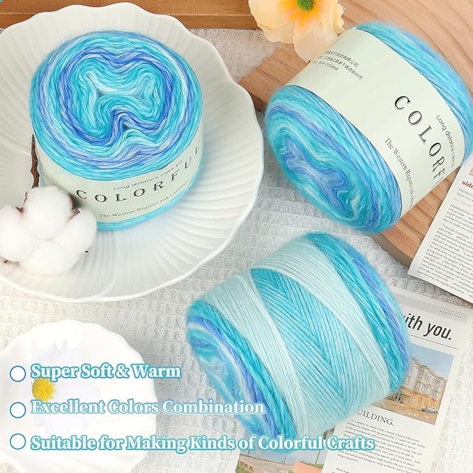 Aeelike Gradient Yarn for Crocheting, 3 Skeins Cake Yarns 100g (3.52 oz) 245m (267 Yards) # 3 Light Weight - Super Soft Ombré Fairyland Yarns for Making Colorful Crafts, Blue Green Gradient