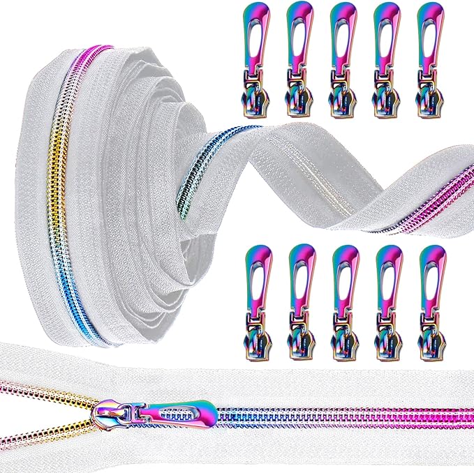 #5 Rainbow Zipper Tape by The Yard 5 Yards Colorful Teeth Nylon Zippers with 10 Pcs Metal Rainbow Zipper Pullsfor DIY Sewing Tailor Crafts (White，Rainbow)