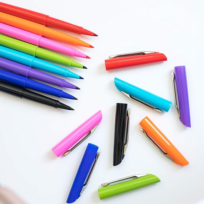 WallDeca Fine Point Felt Tip Pens (0.5mm), Vibrant Multi-Colored Writing Set With Smooth-Flowing Ink, No Bleed Markers for Journals and Note Taking, Everyday Writing and Colorful Doodling (8-Pack)