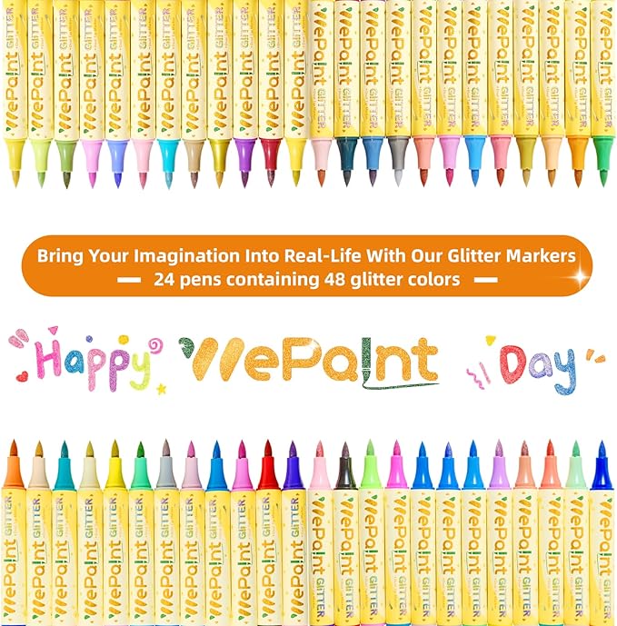 WePaint Glitter Markers Dual Tip, 24 Shimmer Markers 48 Glitter Colors Metallic Marker with Brush Tips, Water-based Ink for Kids Adults DIY Crafts, Card Making, Scrapbooking, School Supplies for Kids