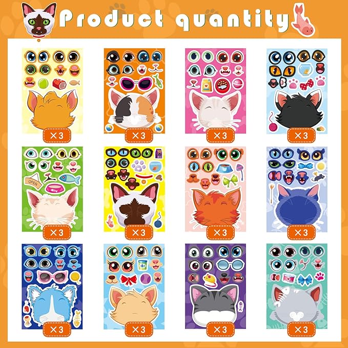 36 Sheets Cat Make a Face Sticker Sheets for Kids Todder, Make Your Own Stickers with 12 Cat Face Designs for Kids Birthday Party Favor Supplies Craft