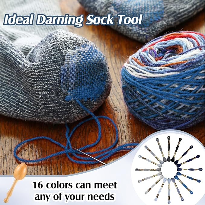 Jexine Darning Egg for Socks Wooden Darning Supplies Kit with 9 Large Eye Needles 16 Colors Sewing Threads for Socks Clothes Adults Darner DIY Handicraft Home Sewing Care(Grey Blue)