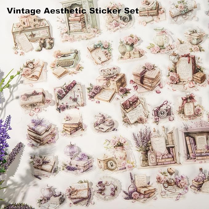 90PCS Vintage PET Stickers, Flowers, Typewriters, Books, Lace & Letters in Retro Aesthetic Style, Transparent Waterproof Stickers for Scrapbook, Journal, DIY Crafts & Decoration