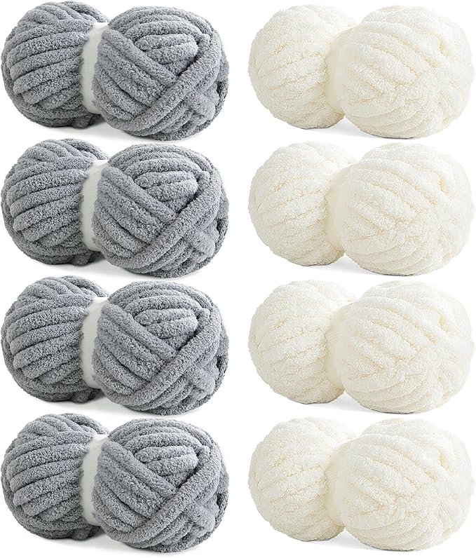 HOMBYS Chunky Chenille Yarn for Hand Knitting - 4 Cream + 4 Light Grey, Fluffy Soft Jumbo for Crocheting, Super Bulky Big for Chunky Blanket, Large Thick Arm Knitting, 8 Pack Plush