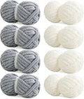 HOMBYS Chunky Chenille Yarn for Hand Knitting - 4 Cream + 4 Light Grey, Fluffy Soft Jumbo for Crocheting, Super Bulky Big for Chunky Blanket, Large Thick Arm Knitting, 8 Pack Plush