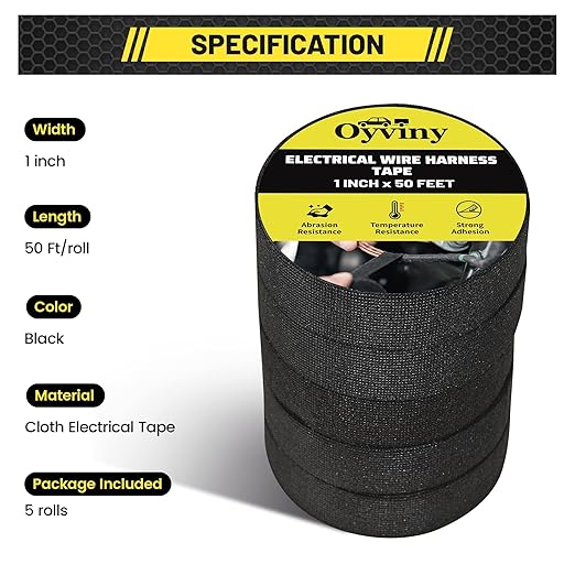 Oyviny Electrical Wire Harness Cloth Tape - 1 Inch x 50 Feet, Self-Adhesive, Noise Dampening, For Automobile, Engine & Audio Wiring