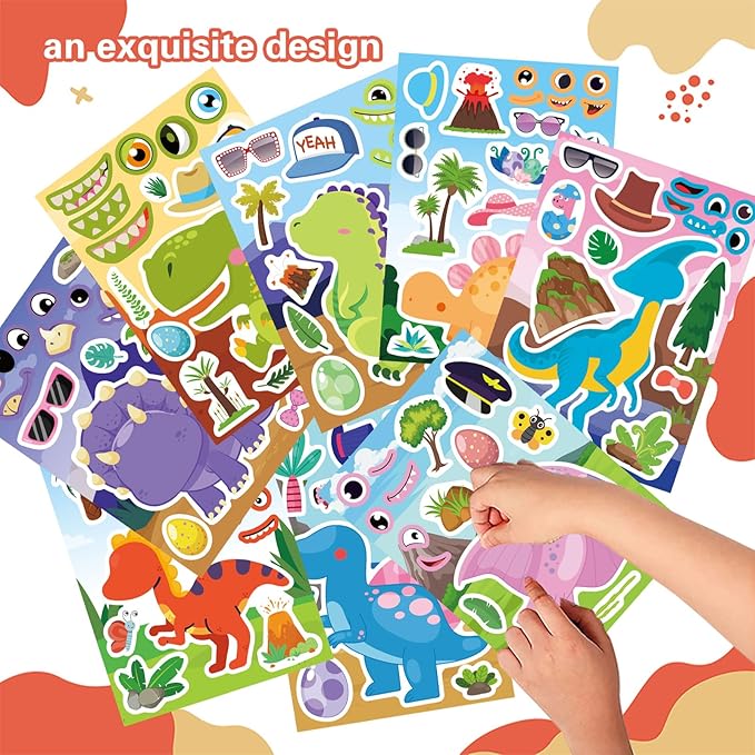 24 Sheets Dinosaur Stickers, Make Your Own Dino Stickers for Kids Boys Girls Toddlers, Make a Face Stickers Dinosaur Theme Birthday Party Favor Supplies, Teacher Reward Stickers