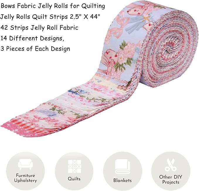 Hanjunzhao Bow Jelly Rolls for Quilting Clearance, 42 Strip 2.5" x 44" Jelly Roll Fabric, Soft Cotton Fabric Strips for Blanket, Rug, Gift Wrapping, Hair Band & Holiday Valentine Party Décor, Bows