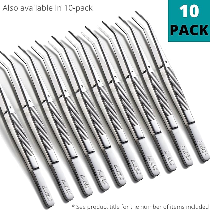 Beaditive 6-inch Sewing Machine Tweezers Set (10-PC) Serrated Bent Tips | Professional Grade, High Precision | Stainless Steel