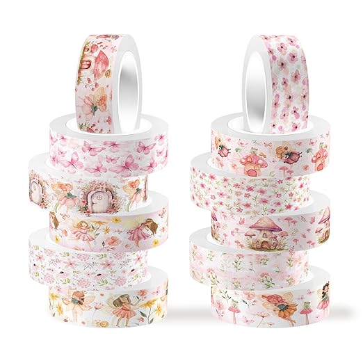 12 Rolls of Pink Fairy Washi Tape, Cute Elf Butterfly Mushroom Decorative Washi Masking Tape Paper Stickers for Journals, Planners, Scrapbooking, Party Decorative Tape, Crafts DIY