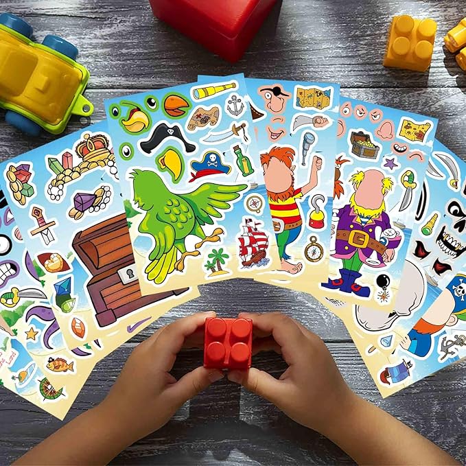 24 Sheets Pirate Stickers for Kids, Make Your Own Pirate Stickers, Make-a-face Stickers, Jolly Roger Stickers, Skull and Crossbones Stickers, Pirate Themed Party Decorations