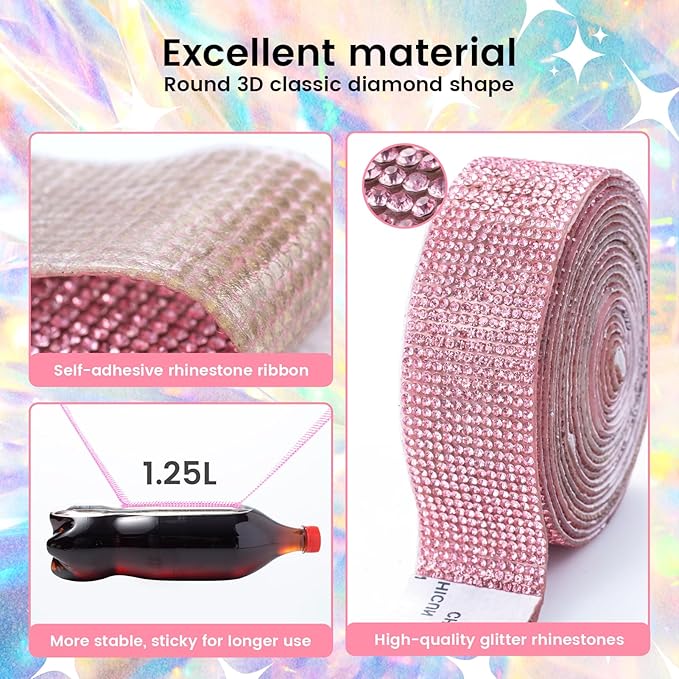 Novani Self Adhesive Rhinestone Ribbon, 1.14 Inch Wide 3 Yards 1 Roll, Pink Crystal Diamond Bling Strips for DIY Crafts, Home Decor, Glitter Glass Rhinestones for Crafting, Car Decoration