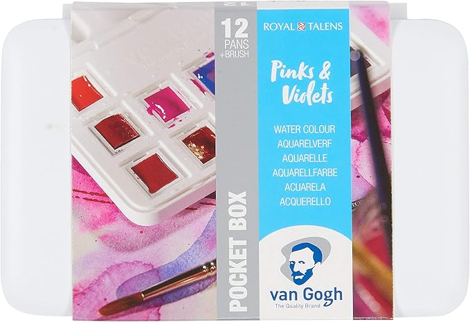 Van Gogh Watercolor Paint Set, Plastic Pocketbox, 12-Half Pan Pinks & Violets Selection