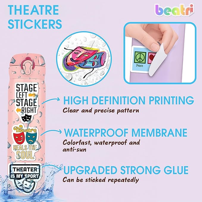 BEATRI Theatre Stickers 50Pcs Aesthetic Musical Theatre Waterproof Vinyl Decor & Party Favors for Laptop, Water Bottle, Skateboard & Travel Gear | Non-Repeating Decals, High-Definition Print