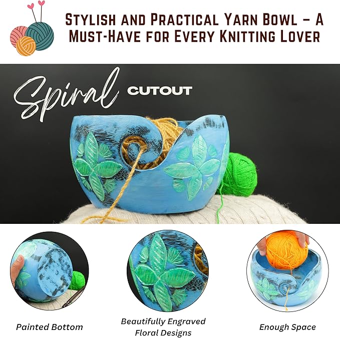 Nagina International Exquisite Premium Yarn Ball Storage Bowls | Hand Painted Lovely Decor Yet Functional Yarn Dispenser (Medium ( 7 x 3 x 7 Inches ), Lemon Blue)