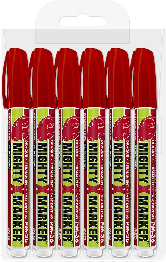 PM-36 Paint Marker, 2.3mm Bullet Tip, Permanent & Waterproof, DIY Crafts, Drawing, Glass, Ceramic, Stone, 6 Bonus Reversible Tips, Made in USA, Red 6 Pack